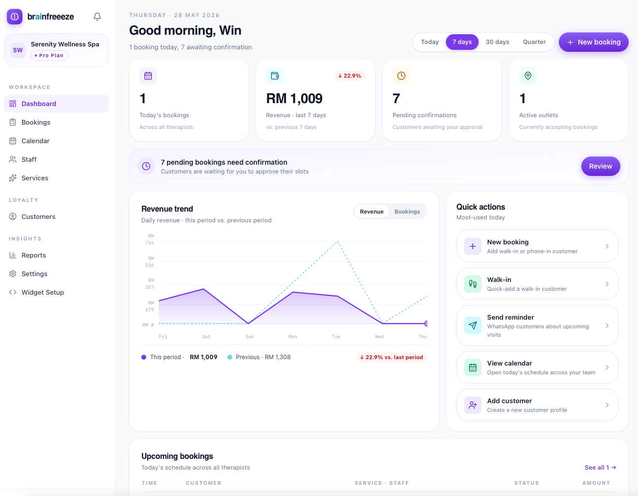 Brainfreeeze online booking page showing available time slots
